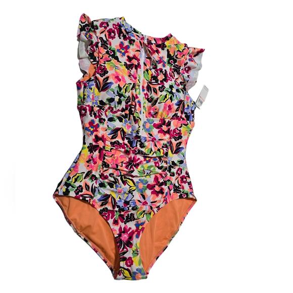 Anne Cole Sun Blossom Flutter Sleeve Zip Up Rash Guard One Piece Swimsuit Sz 10 - Picture 11 of 15